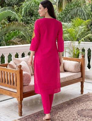 women ethnic motifs embroidered regular thread work cotton kurta with trousers 6