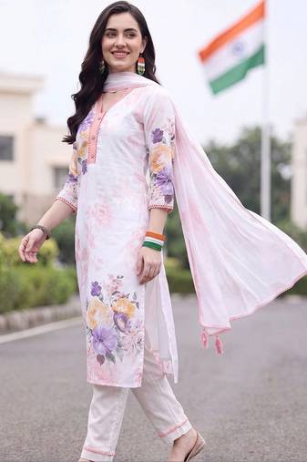 women floral printed regular linen kurta with trousers & with dupatta