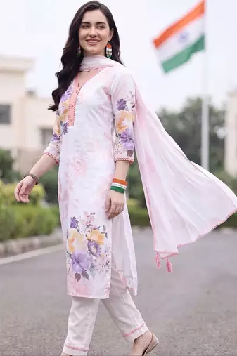 women floral printed regular linen kurta with trousers & with dupatta