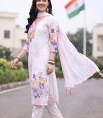 women floral printed regular linen kurta with trousers & with dupatta