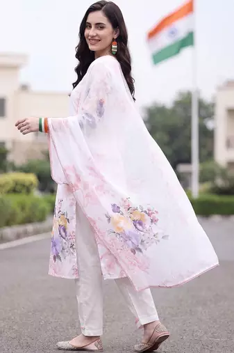 women floral printed regular linen kurta with trousers & with dupatta