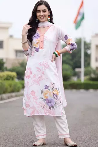 women floral printed regular linen kurta with trousers & with dupatta