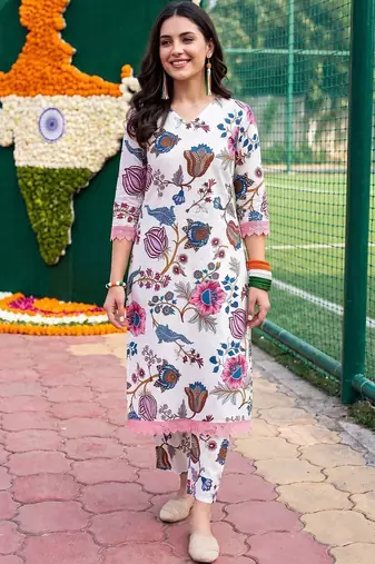 women floral printed regular cotton kurta with trousers