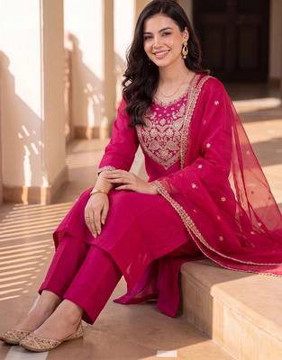 women ethnic motifs embroidered regular kurta with trousers & with dupatta 1