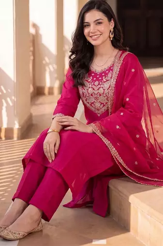 women ethnic motifs embroidered regular kurta with trousers & with dupatta