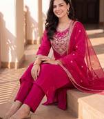 women ethnic motifs embroidered regular kurta with trousers & with dupatta
