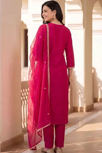 women ethnic motifs embroidered regular kurta with trousers & with dupatta