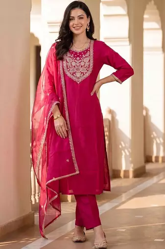 women ethnic motifs embroidered regular kurta with trousers & with dupatta
