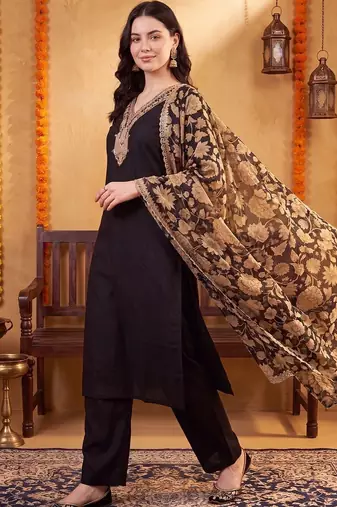 women ethnic motifs embroidered regular thread work kurta with trousers & with dupatta