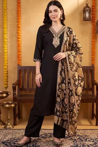 women ethnic motifs embroidered regular thread work kurta with trousers & with dupatta