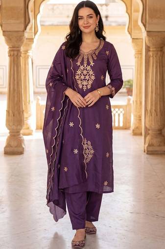 women ethnic motifs embroidered regular mirror work kurta with trousers & with dupatta