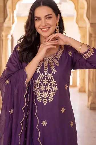women ethnic motifs embroidered regular mirror work kurta with trousers & with dupatta