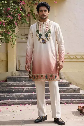 Peach cotton diamond work kurta pajama