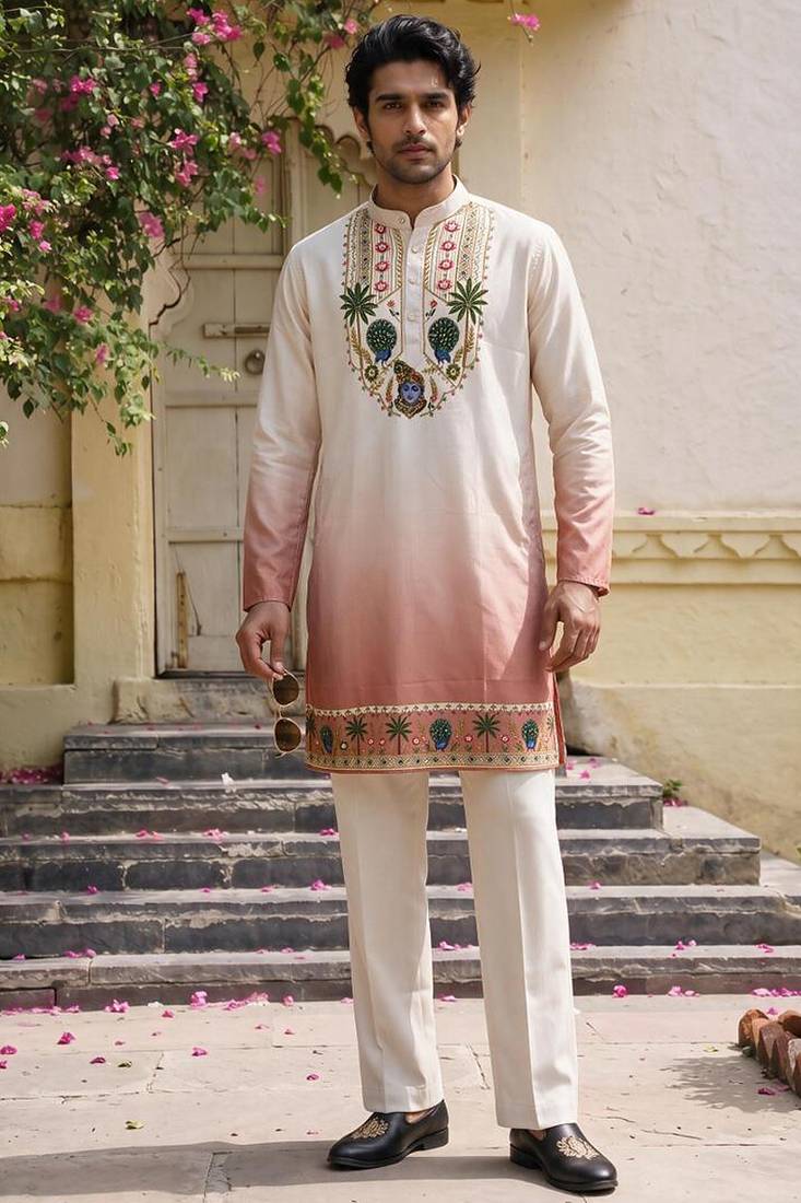 Peach cotton diamond work kurta pajama