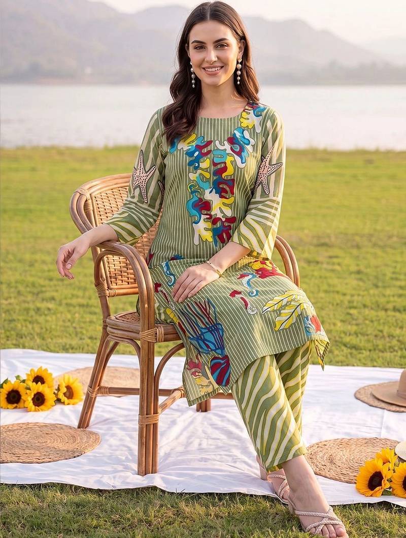 women printed regular cotton kurta with trousers