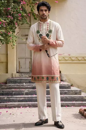 Peach cotton diamond work kurta pajama