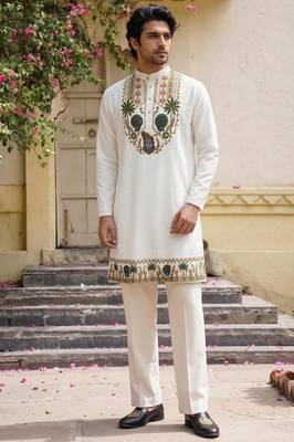 White cotton diamond work kurta pajama 1