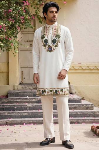 White cotton diamond work kurta pajama
