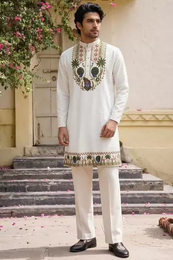 White cotton diamond work kurta pajama