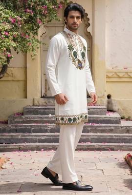 White cotton diamond work kurta pajama 2