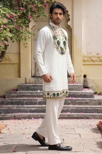 White cotton diamond work kurta pajama