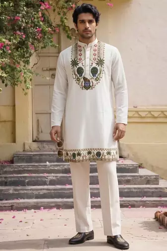 White cotton diamond work kurta pajama