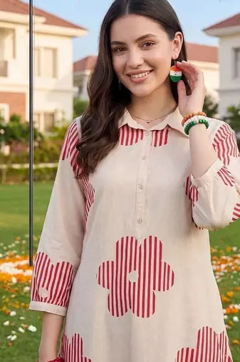 women printed regular cotton kurta with trousers