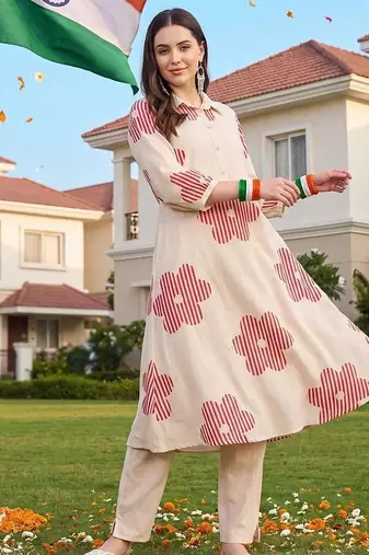 women printed regular cotton kurta with trousers
