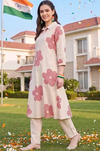 women printed regular cotton kurta with trousers