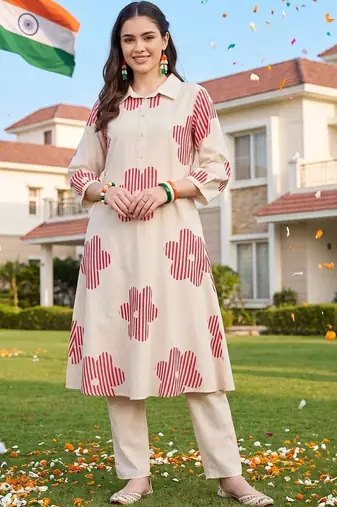 women printed regular cotton kurta with trousers