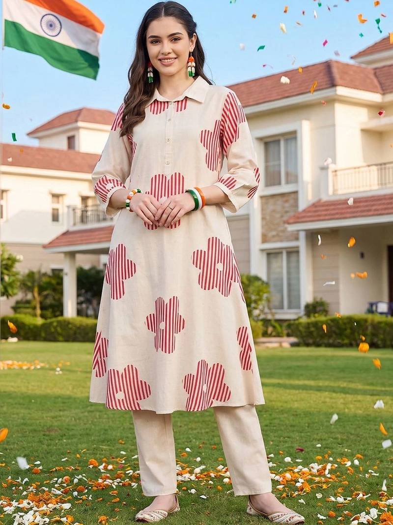 women printed regular cotton kurta with trousers
