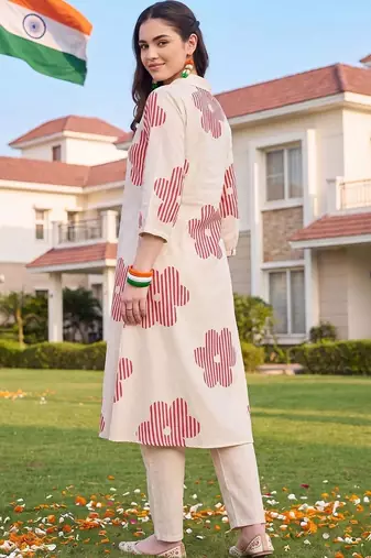 women printed regular cotton kurta with trousers