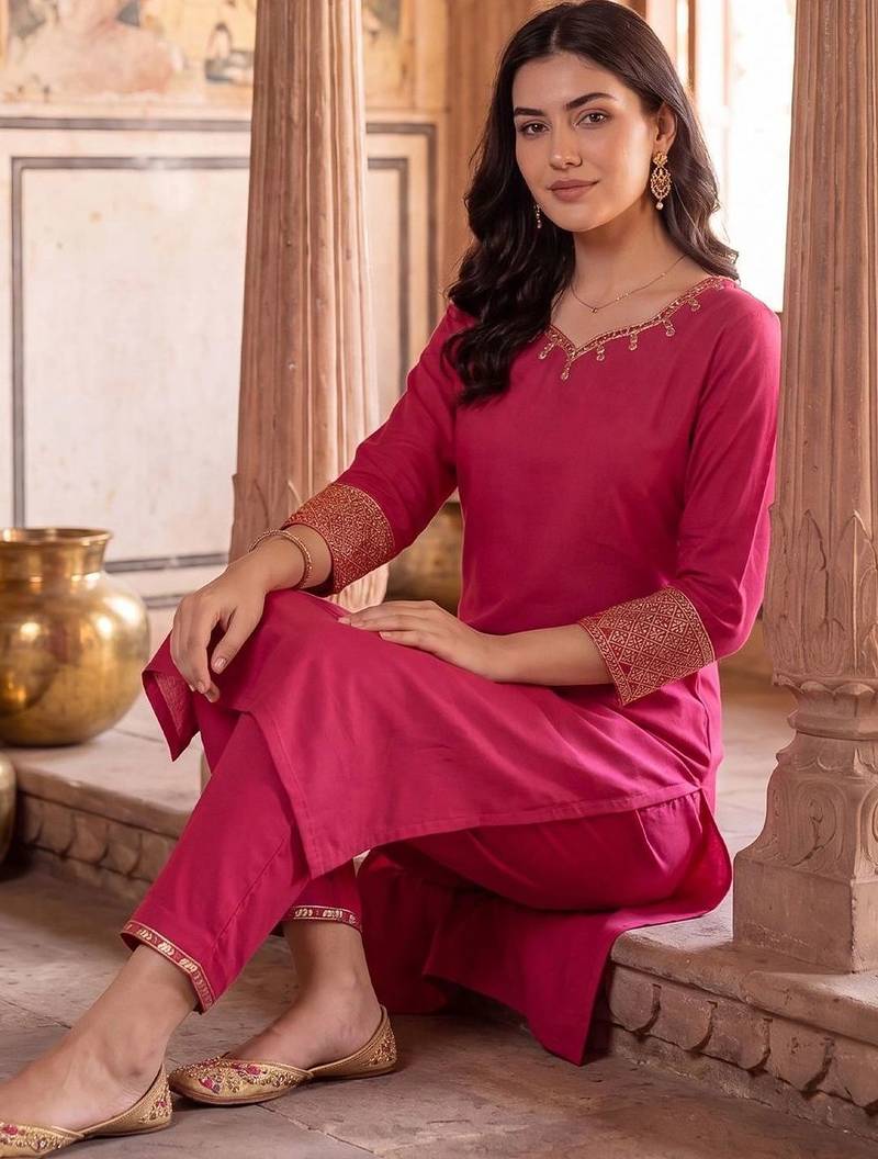 women regular thread work kurta with trousers