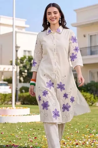 women floral embroidered regular thread work cotton kurta with trousers