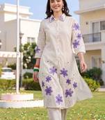 women floral embroidered regular thread work cotton kurta with trousers