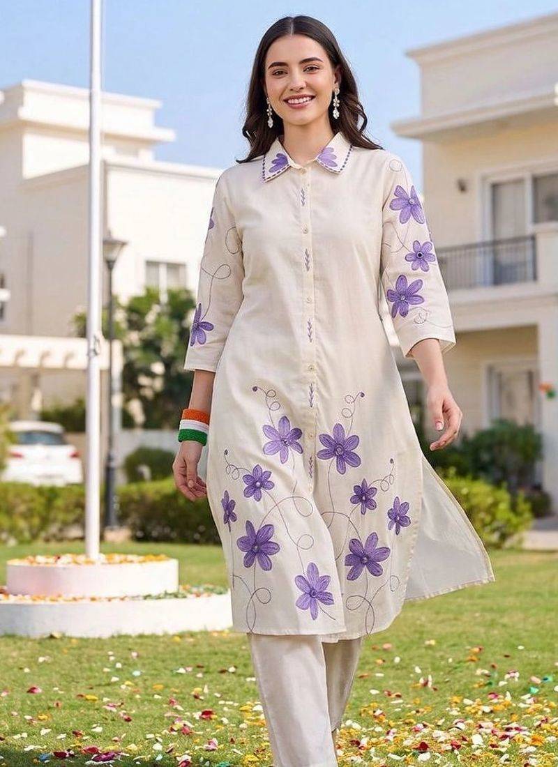 women floral embroidered regular thread work cotton kurta with trousers