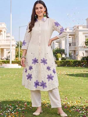 women floral embroidered regular thread work cotton kurta with trousers 2