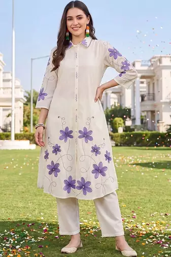 women floral embroidered regular thread work cotton kurta with trousers