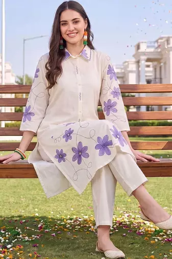 women floral embroidered regular thread work cotton kurta with trousers