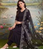 women ethnic motifs embroidered empire thread work kurta with trousers & with dupatta