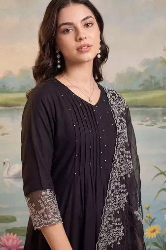 women ethnic motifs embroidered empire thread work kurta with trousers & with dupatta