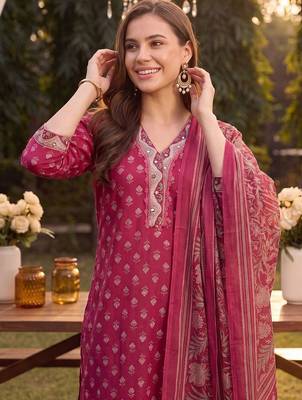 women ethnic motifs printed regular mirror work cotton kurta with harem pants & with dupatta 2