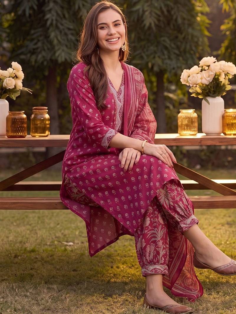 women ethnic motifs printed regular mirror work cotton kurta with harem pants & with dupatta