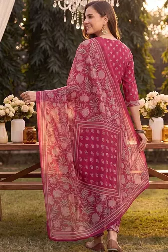 women ethnic motifs printed regular mirror work cotton kurta with harem pants & with dupatta