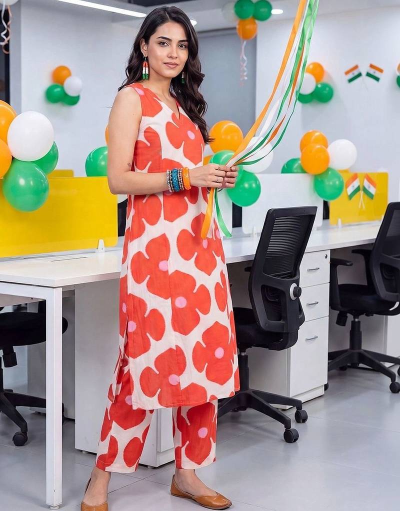 women floral printed regular cotton kurta with trousers