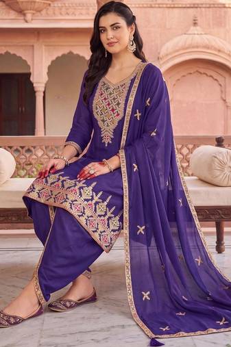 women ethnic motifs embroidered regular thread work kurta with patiala & with dupatta