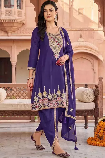 women ethnic motifs embroidered regular thread work kurta with patiala & with dupatta