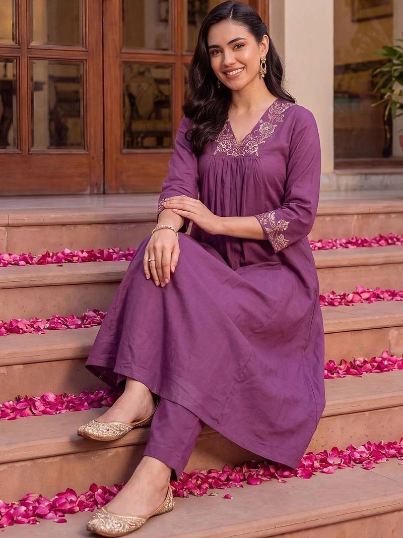 women ethnic motifs embroidered empire thread work cotton kurta with trousers