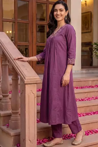 women ethnic motifs embroidered empire thread work cotton kurta with trousers