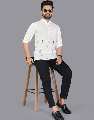 Off white linen hand woven kurta 1